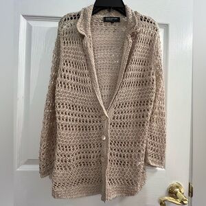 Vintage Jones New York Women's Beige Knit Crochet Tan Cardigan Sweater Size S